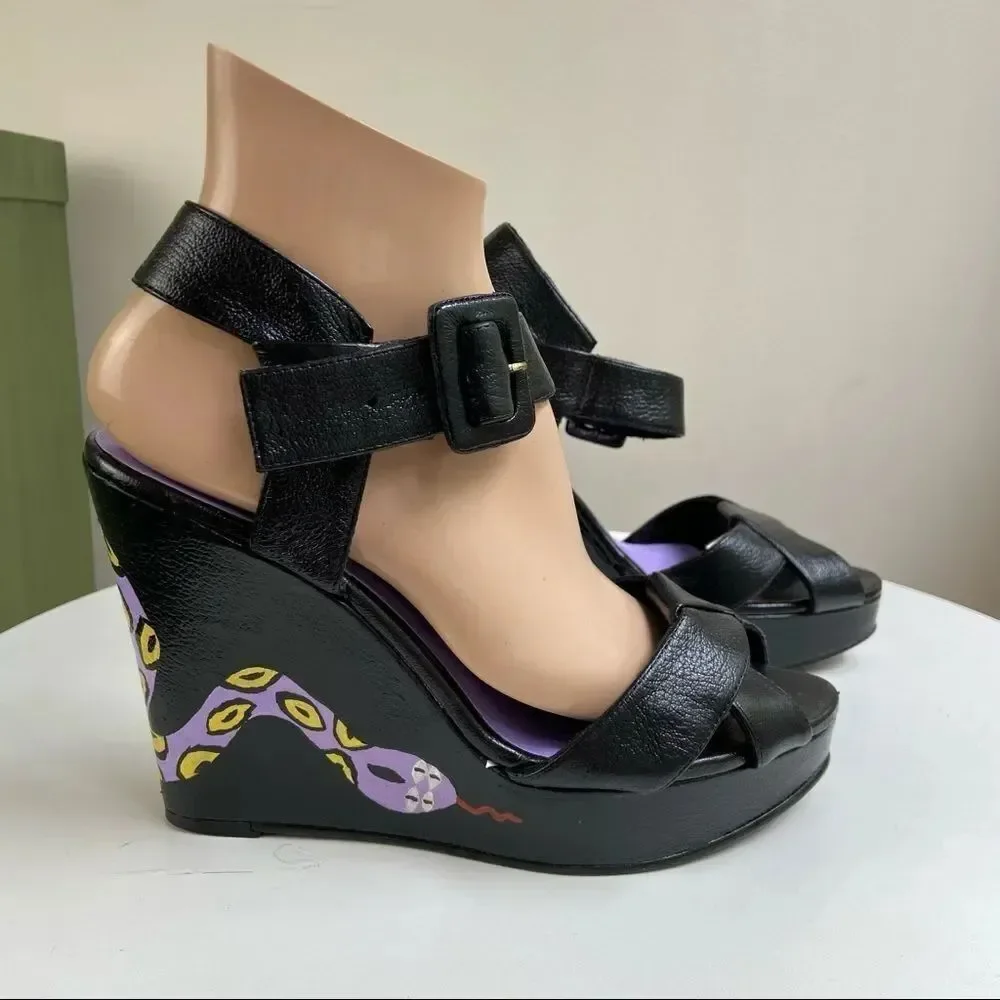 Hand Painted Nine West Platform Wedge Pumps Featuring Snake Motif One of a Kind
